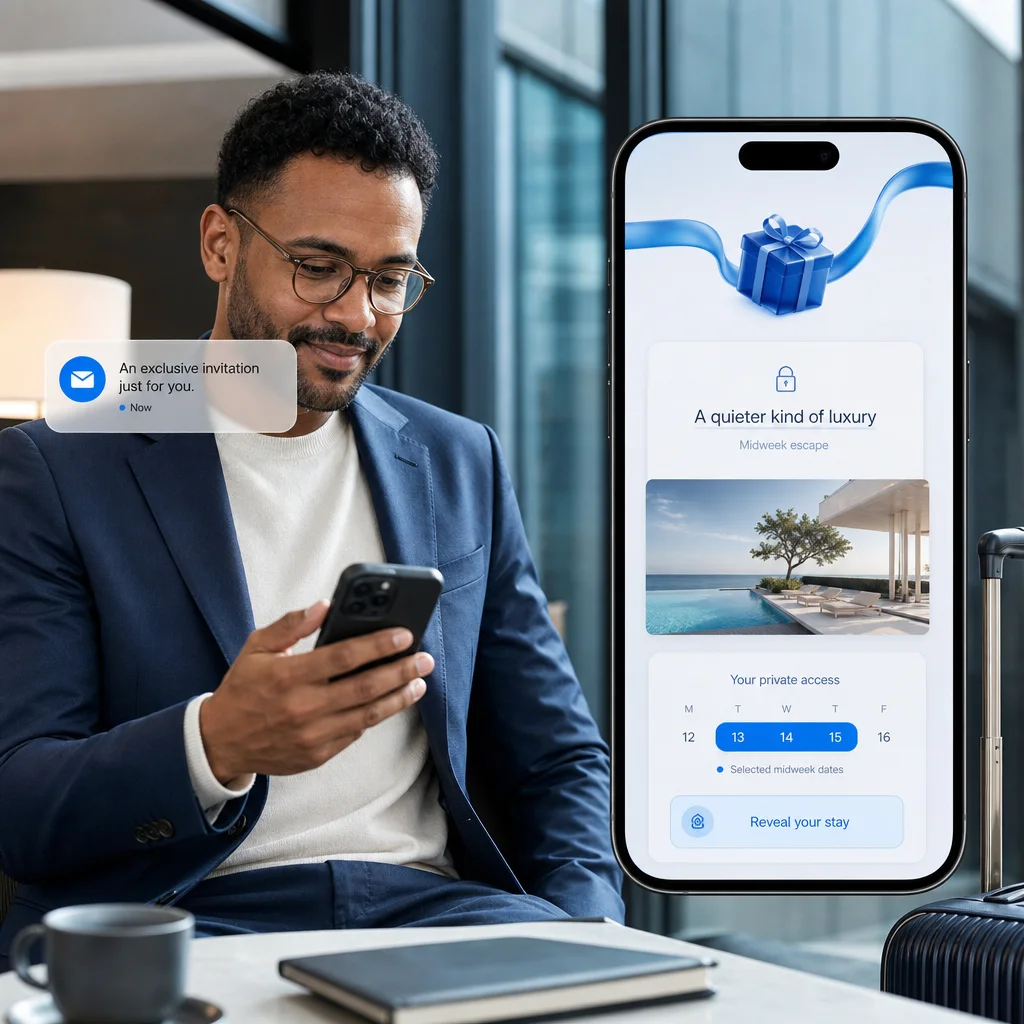 Hotel guest opening a private midweek stay invitation on a mobile phone