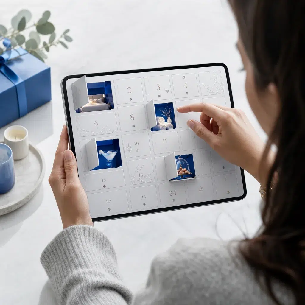 Guest exploring a premium hotel Advent calendar experience on a tablet