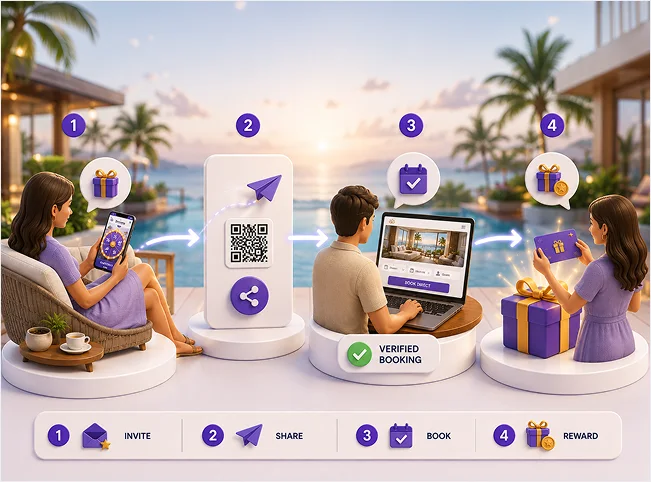 Hotel guest referral journey from invitation and sharing to verified booking and reward