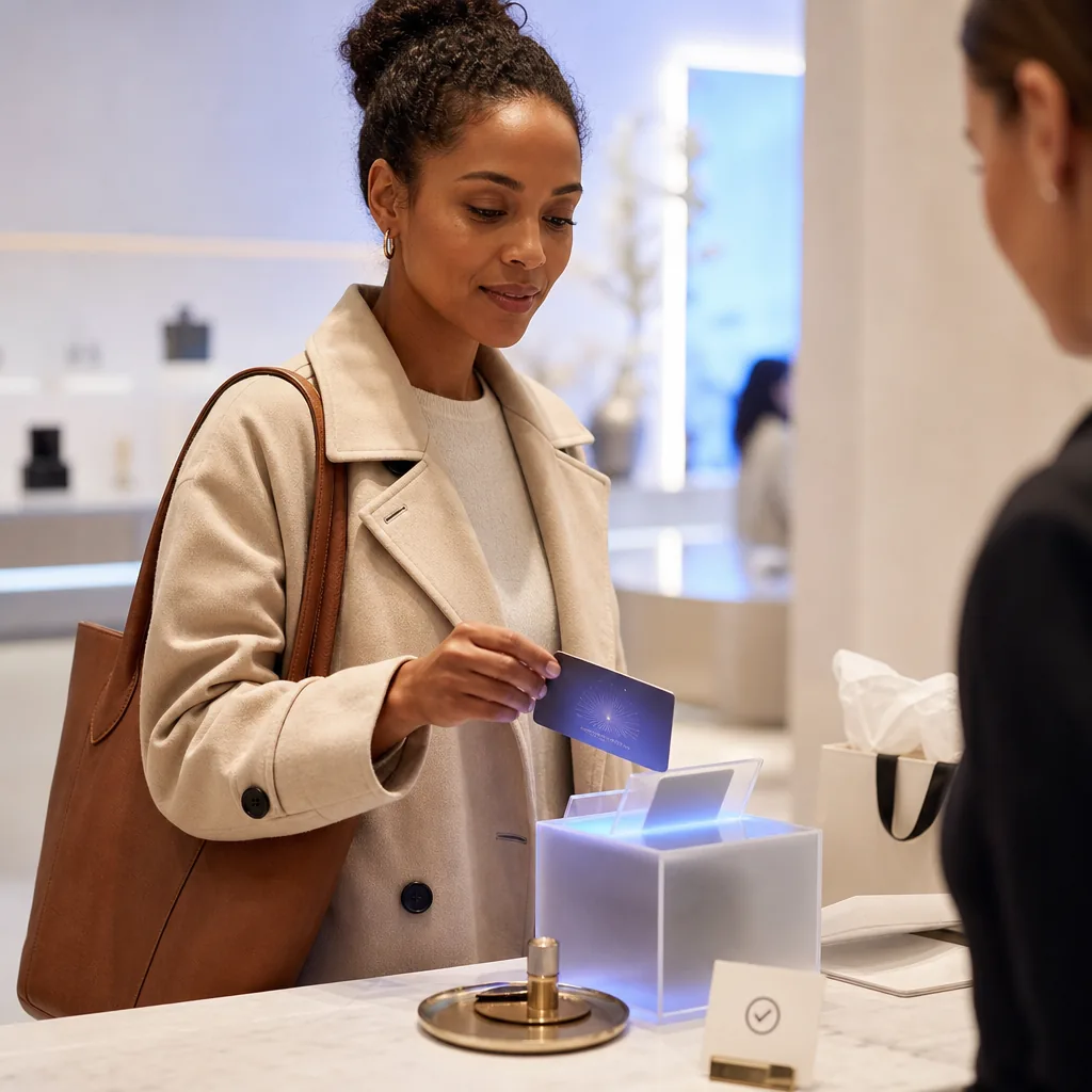 Customer presenting a branded invitation card to a retail associate at a store counter.