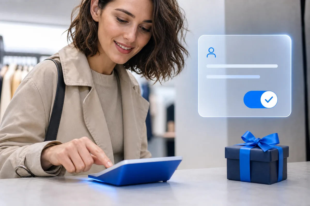 Retail shopper opting into a branded rewarding experience at a digital display.