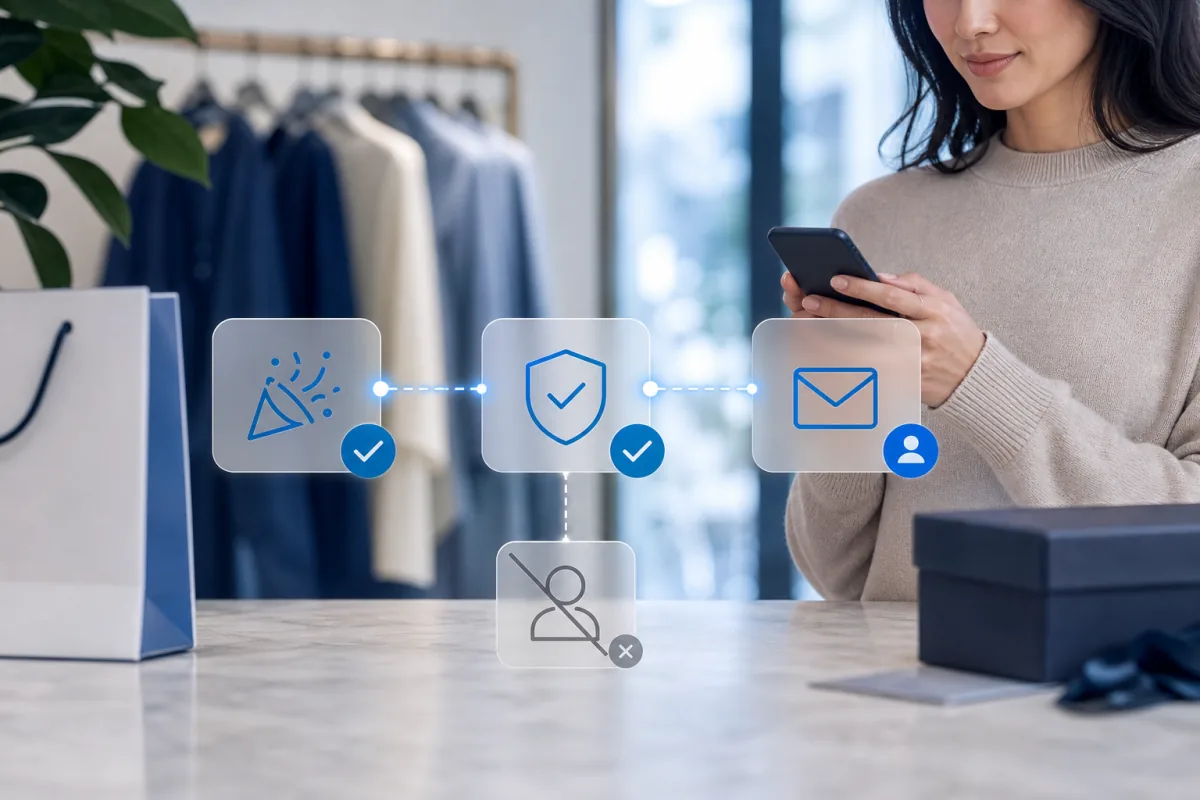 Retail shopper using a phone to complete a verified promotion journey.