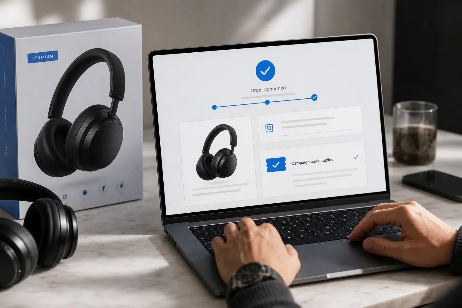 Ecommerce order confirmation with campaign code tracking on a laptop