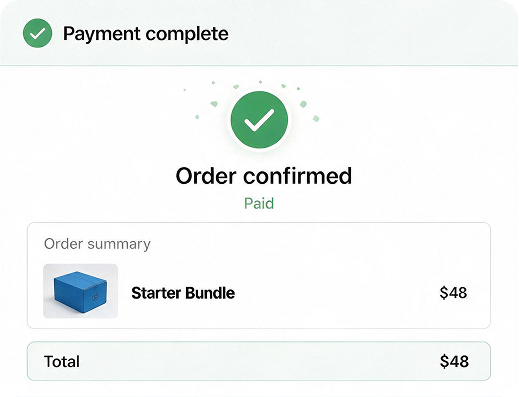 Paid order confirmation showing the Starter Bundle in the order summary.