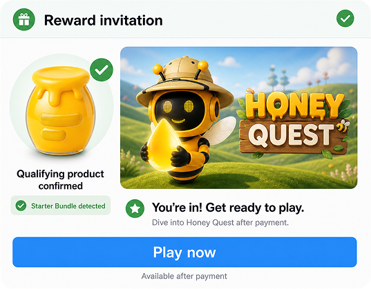 Reward invitation confirming the qualifying product and offering the Honey Quest game.