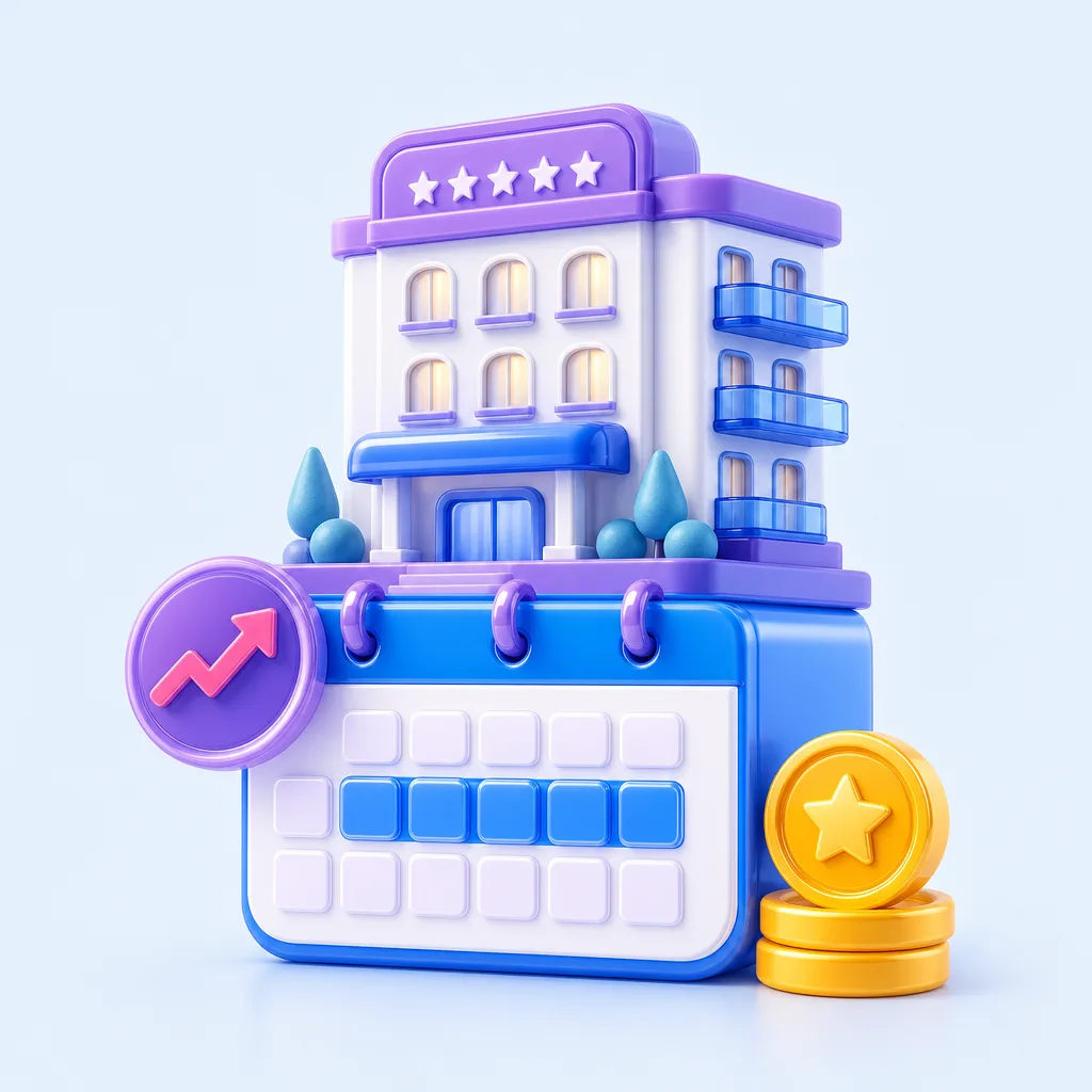 Stylised hotel, booking calendar and growth symbols.