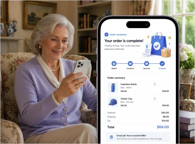 Shopper viewing a completed $64 order after reaching the reward threshold.