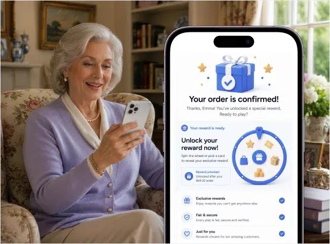 Shopper viewing a reward invitation after a qualifying $64 order is confirmed.