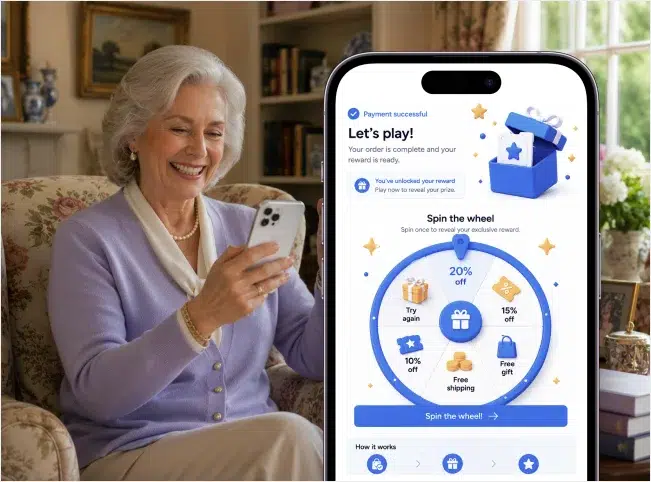 Shopper playing a branded reward wheel after successful payment.