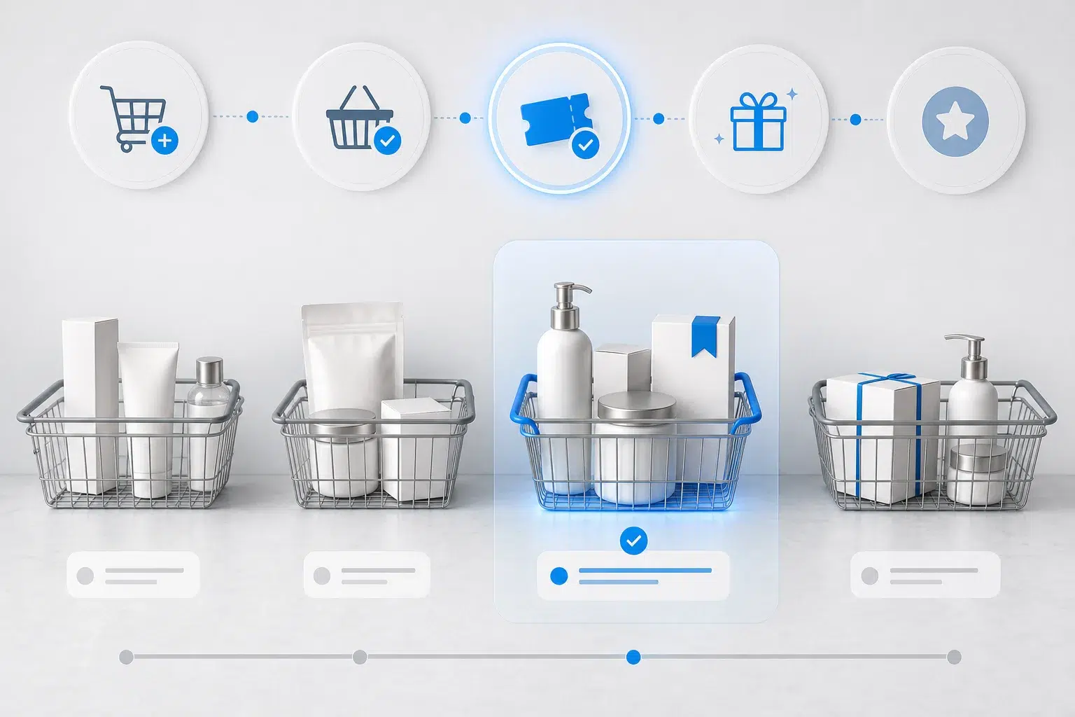 Product baskets illustrating the target Shopify order value for a purchase-linked reward.