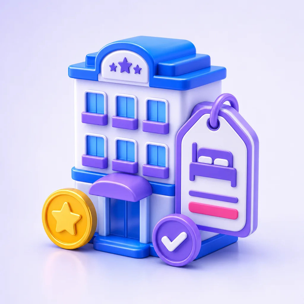 Stylised hotel building with a room offer tag and reward.