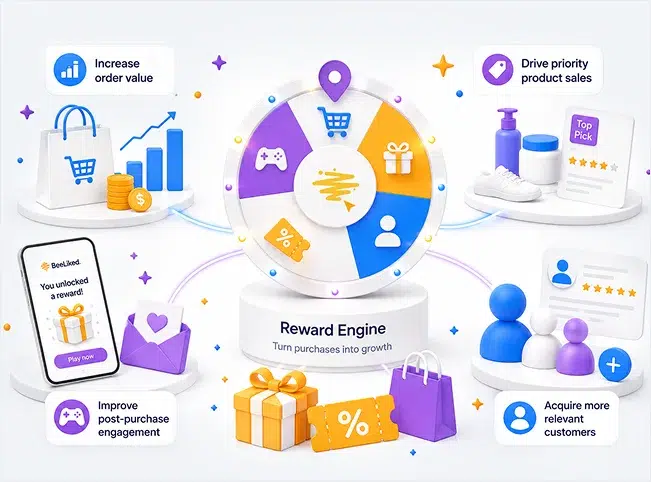 BeeLiked Reward Engine connecting ecommerce goals with interactive rewards and customer growth.