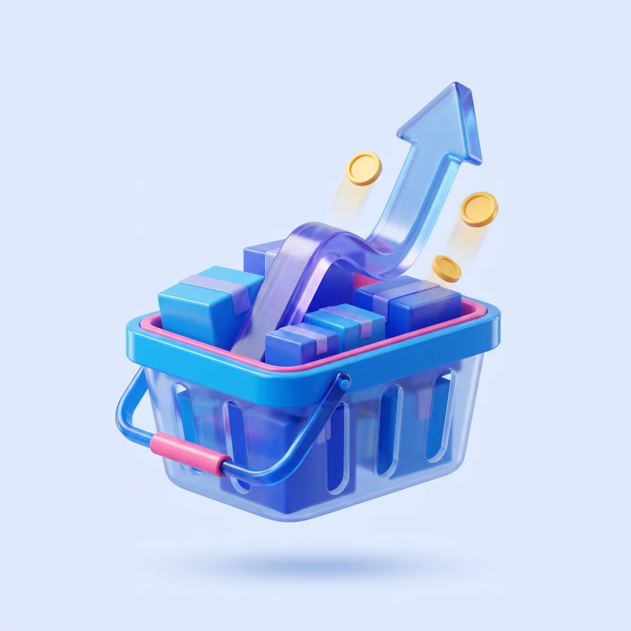 Shopping basket with products, coins and an upward arrow representing higher average order value.