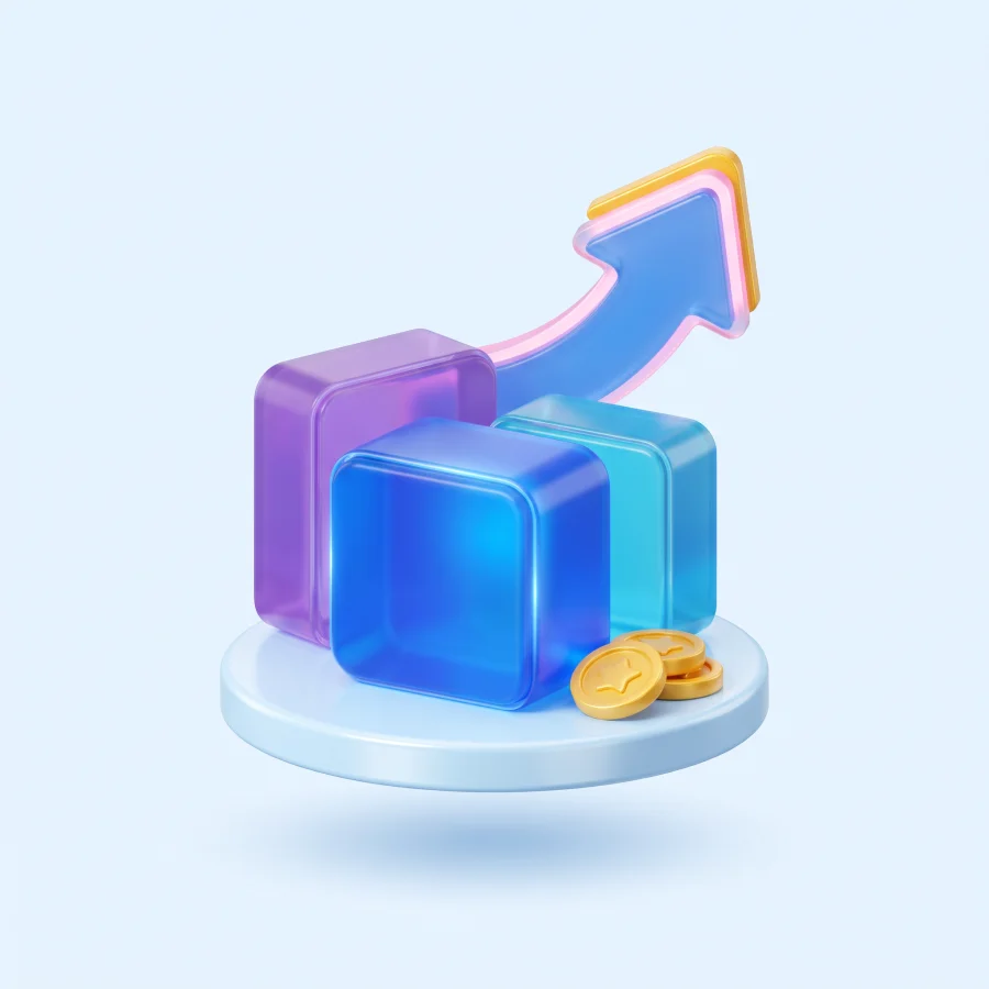Product blocks and coins rising together to represent increased product and bundle sales.