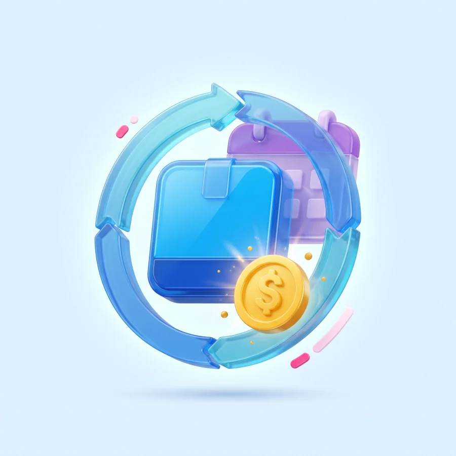 Shopping bags and coins connected by circular arrows representing repeat purchases.