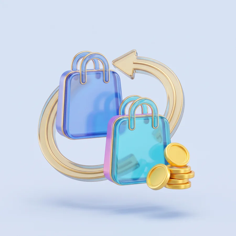 Shopping bags and coins connected by return arrows representing winning back lapsed customers.