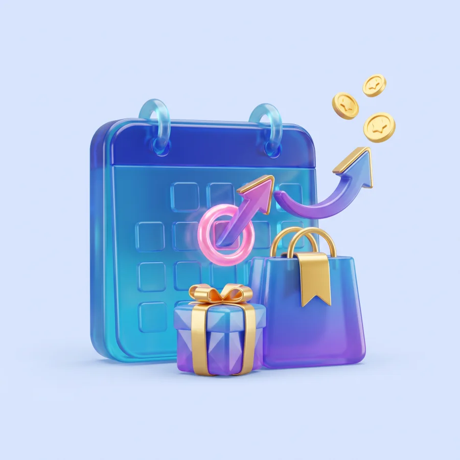 Shopping calendar, gift and growth arrows representing seasonal ecommerce promotions.