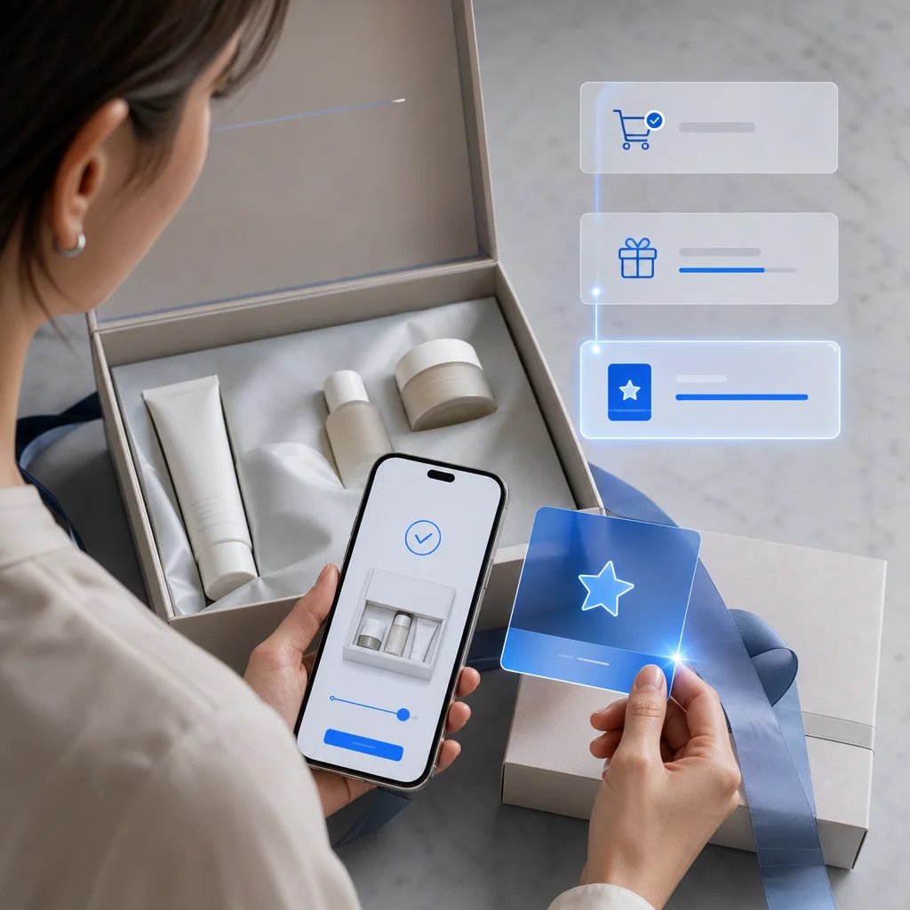 Customer using a reward-led ecommerce experience alongside a premium product delivery.