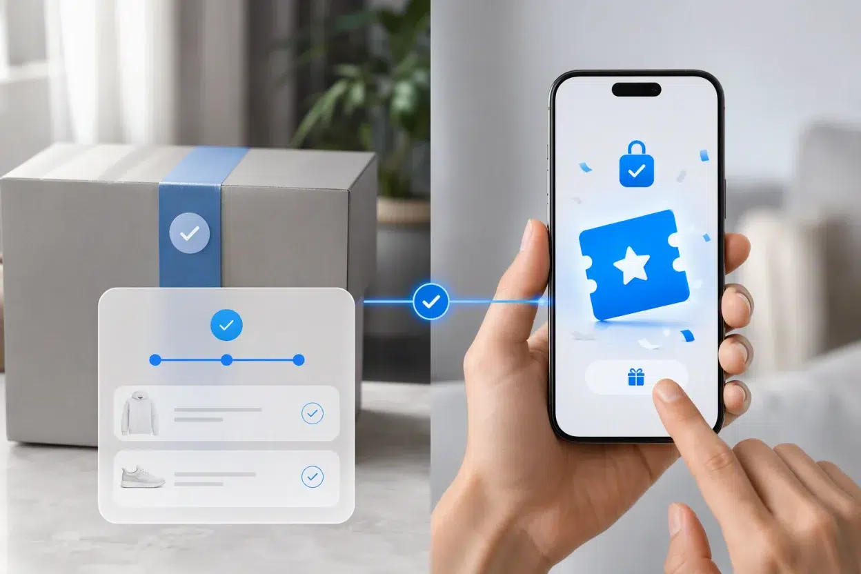 Verified ecommerce purchase unlocking a digital reward ticket on a customer’s phone.