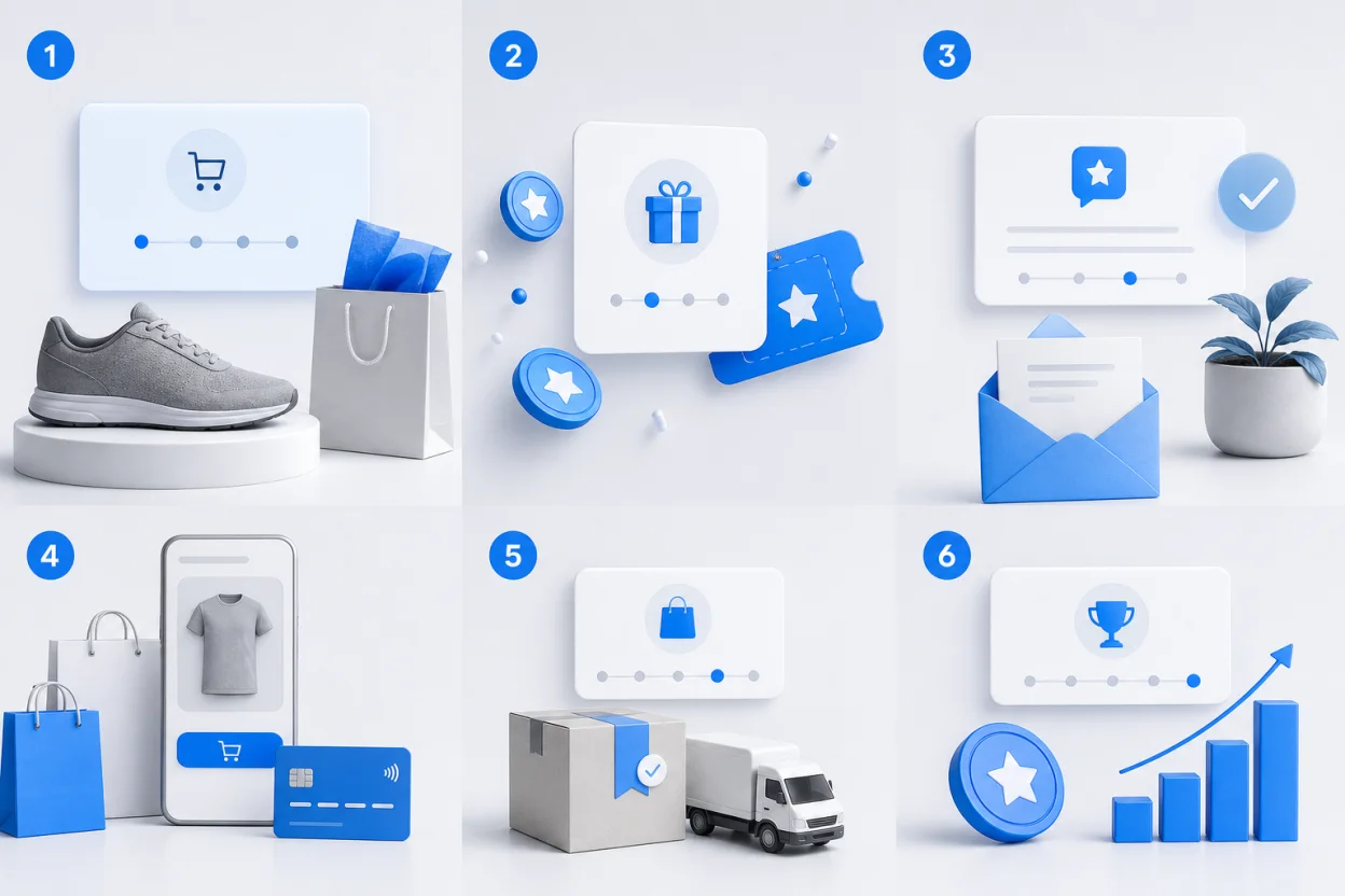 Six-stage ecommerce reward journey from purchase through engagement and measurable growth.