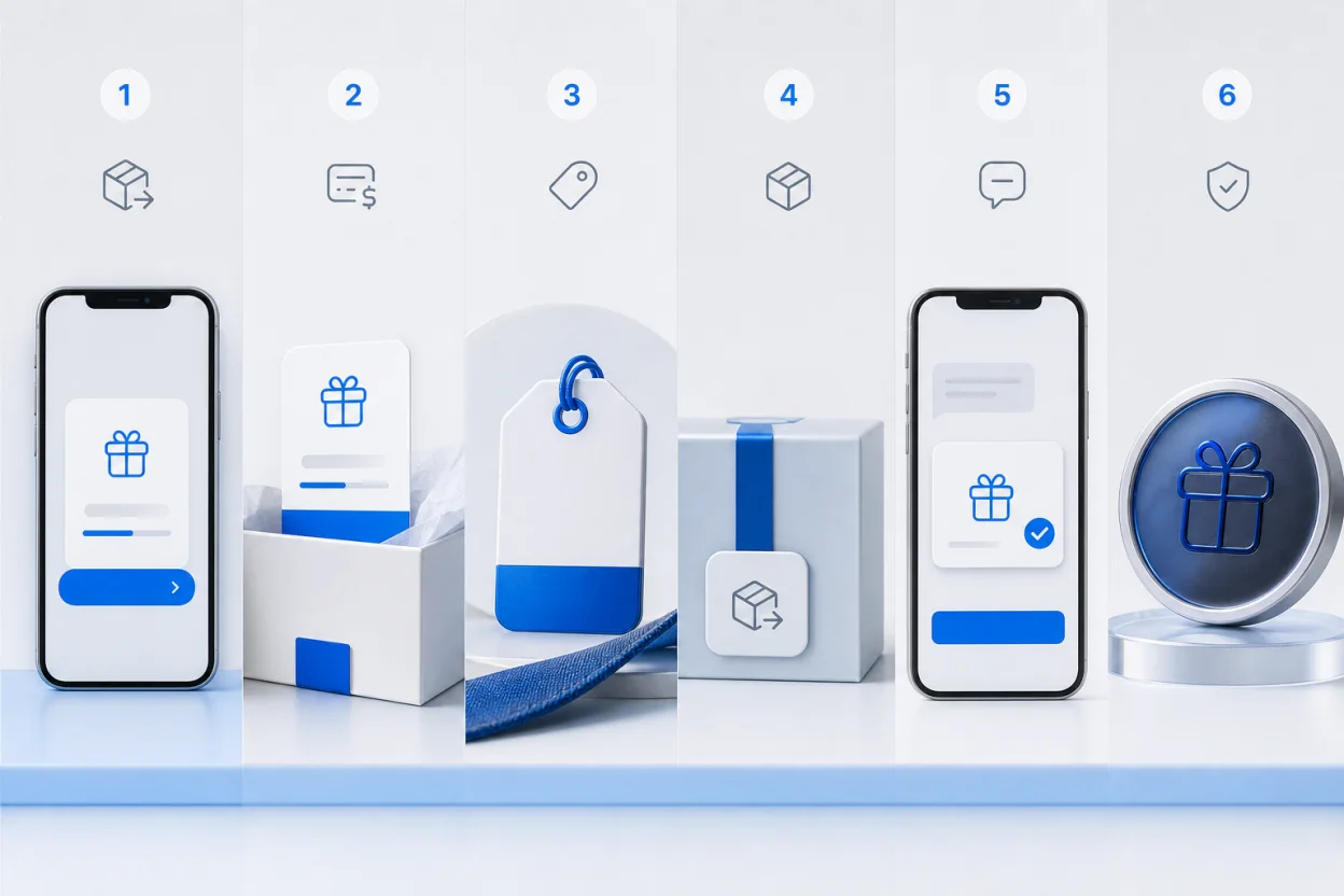 Six-stage ecommerce reward flow from qualification and payment to delivery and verified reward.