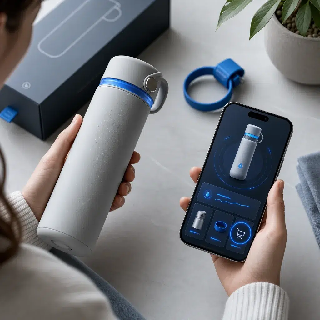 Customer holding a new smart bottle while viewing its product features and related offers on a mobile phone.