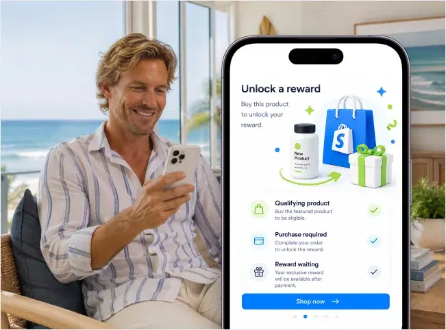 Man viewing an invitation to buy a featured Shopify product to unlock a reward.