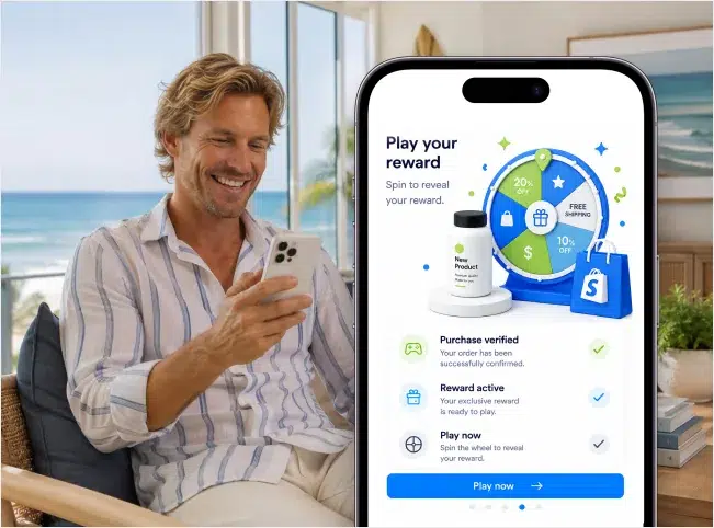 Man playing a branded reward wheel after a verified Shopify purchase.