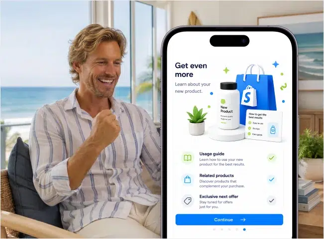 Man viewing product education, related products and a private next-purchase offer after purchase.