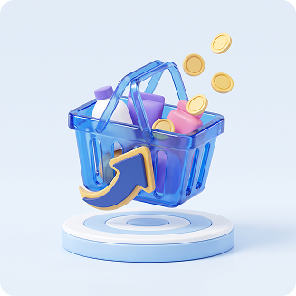 3D shopping basket with coins illustrating moving more baskets above a target