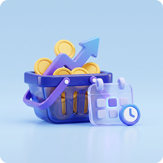 3D shopping basket, coins, calendar and clock illustrating combined spend and product conditions