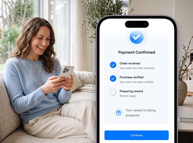 Customer viewing a confirmed and verified ecommerce payment before a reward is prepared.