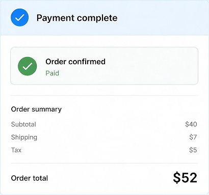 Ecommerce payment confirmation showing a completed $52 order.