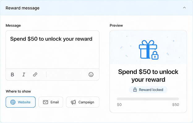 Reward message editor previewing a Spend $50 to unlock your reward promotion.