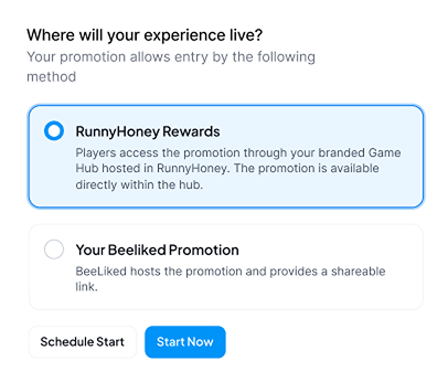 BeeLiked experience location settings showing RunnyHoney Rewards and a custom BeeLiked promotion