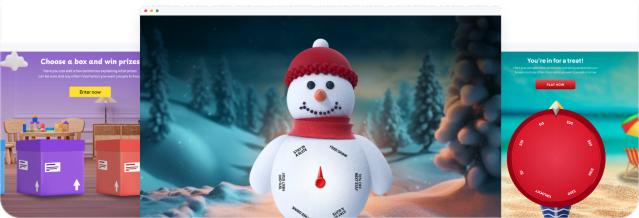 Examples of branded BeeLiked games including a prize box, snowman wheel and spin-to-win experience