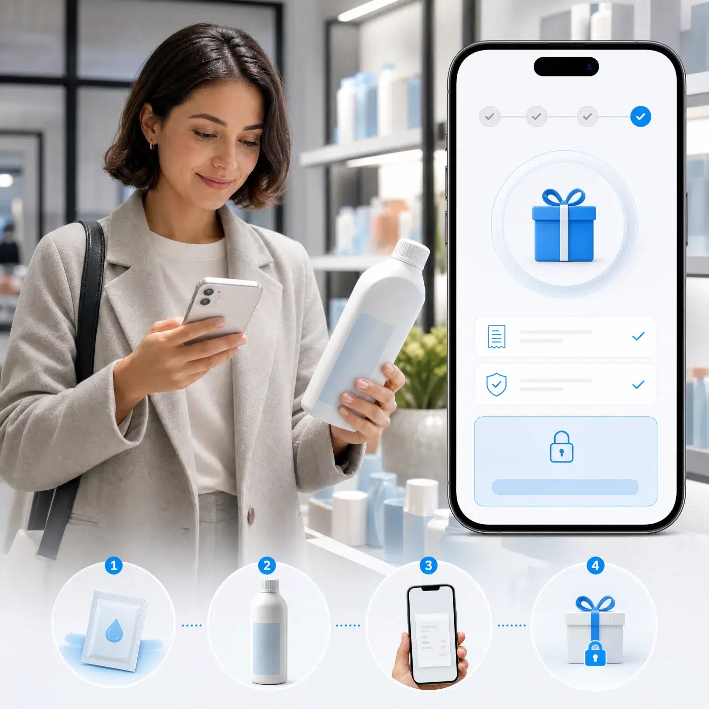 Four-step product sampling journey from trying a sample to buying the full product, sharing a receipt and unlocking a reward.