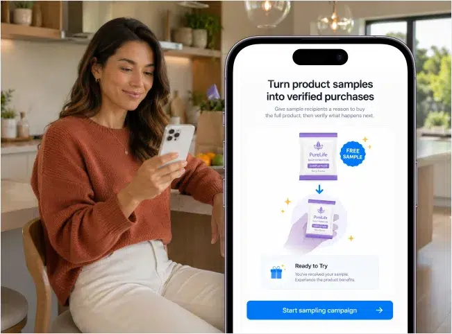 Woman viewing a product sampling campaign on her phone, with a free sample and reward-ready confirmation.
