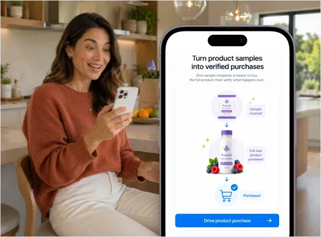 Woman viewing a journey from sample received to full-size product purchase on her phone.