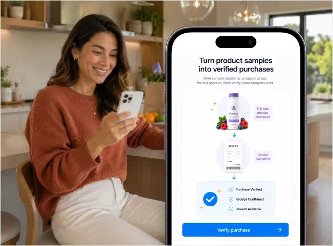 Woman viewing receipt verification for a full-size product purchase on her phone.