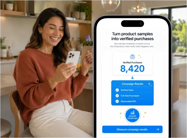 Woman viewing verified purchase totals and measurable campaign results on her phone.