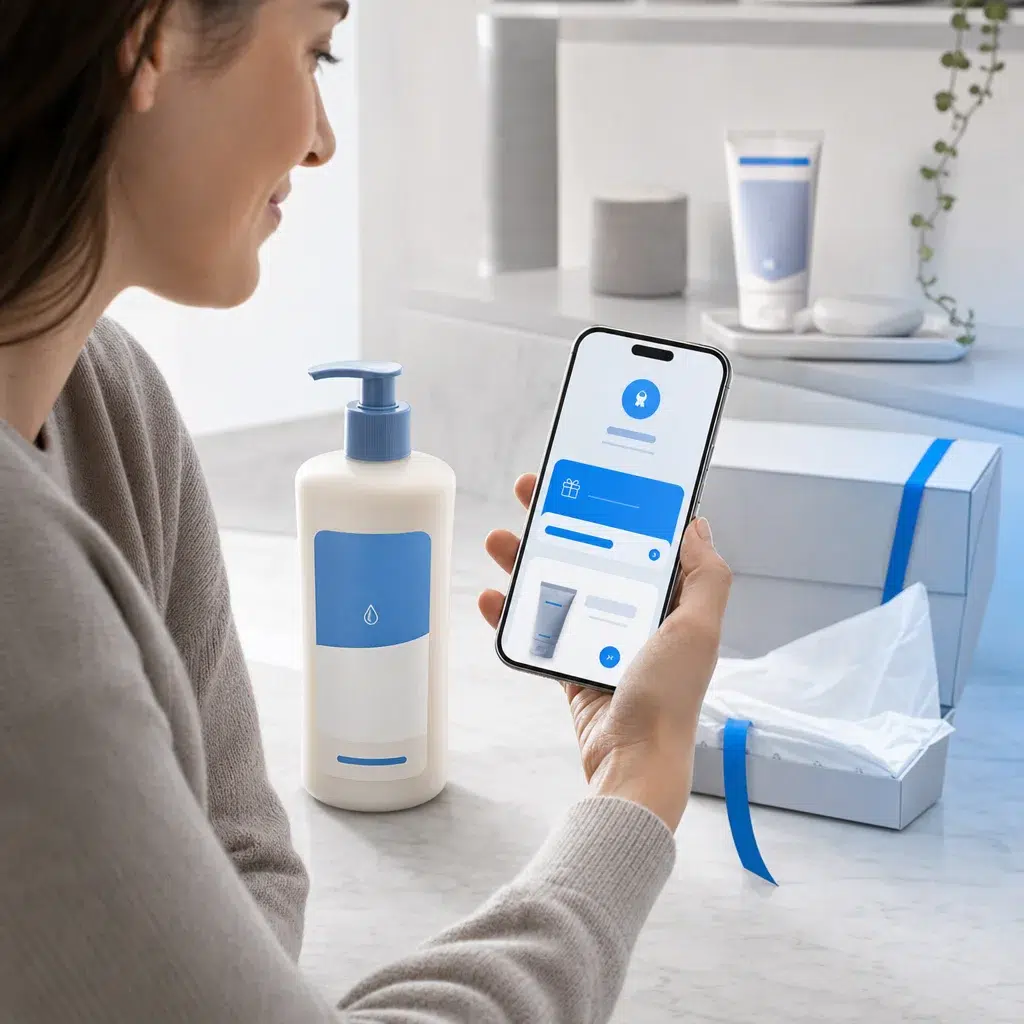 Customer viewing a branded post-purchase reward beside the full-size product.