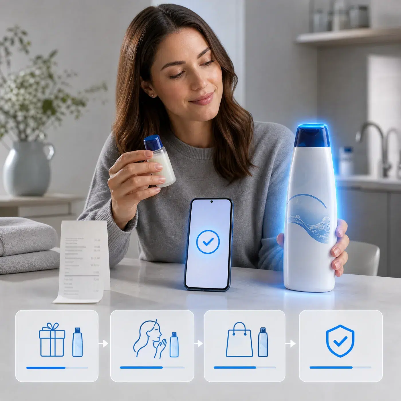 Sample recipient comparing a sample with the full-size product after receipt verification.