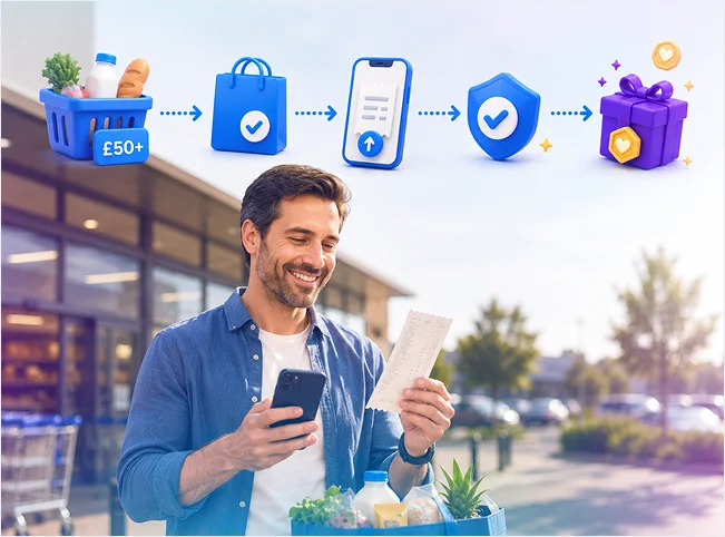 Retail shopper verifying a £50 purchase receipt to unlock a branded reward