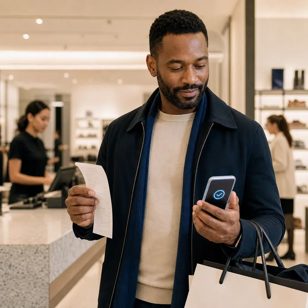 Retail shopper checking a completed purchase receipt on a mobile phone in store