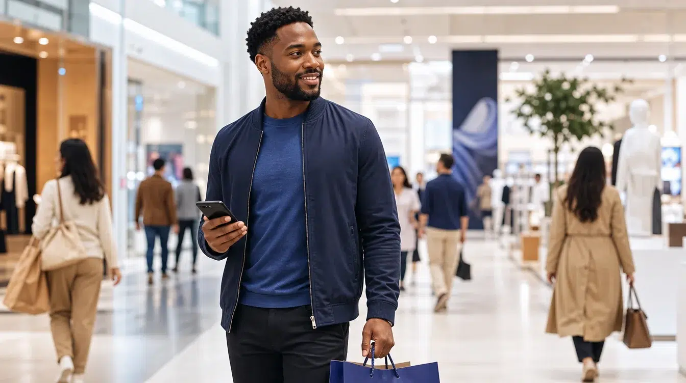Retail shopper viewing a branded promotion on a phone in a shopping centre