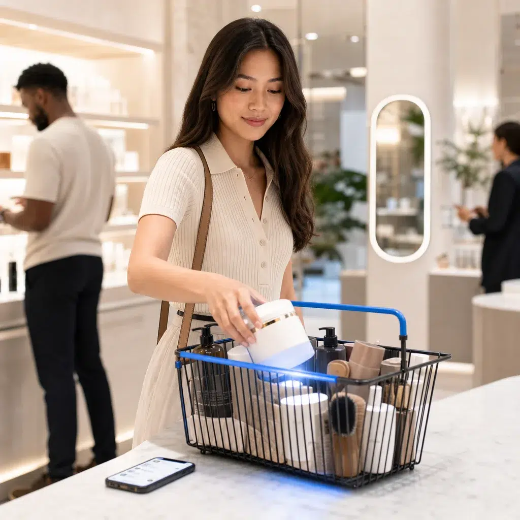 Retail shopper adding another product to a basket to increase transaction value