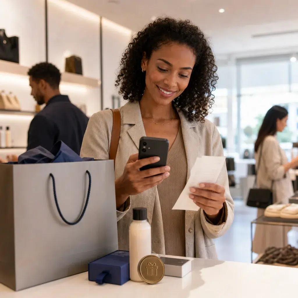 Retail shopper reviewing a receipt and reward experience on a mobile phone