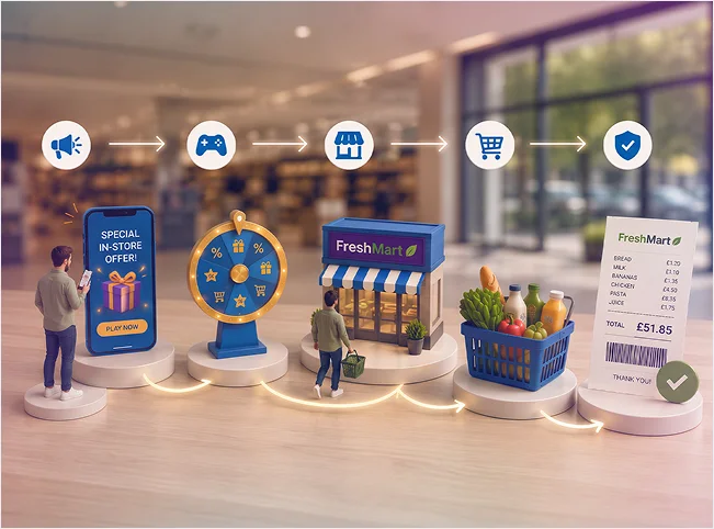 Retail promotion journey from an in-store offer and game to a store visit, qualifying purchase and verified receipt