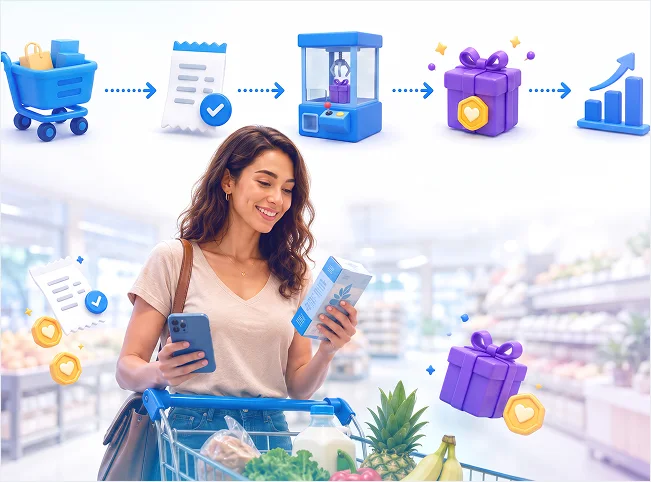 Retail shopper completing a purchase-to-reward journey from receipt verification and game play to an offer and measurable sales growth